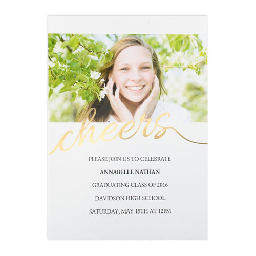 Foil Gold Cheers Personalized Photo Graduation Announcement, 5X7 Cards