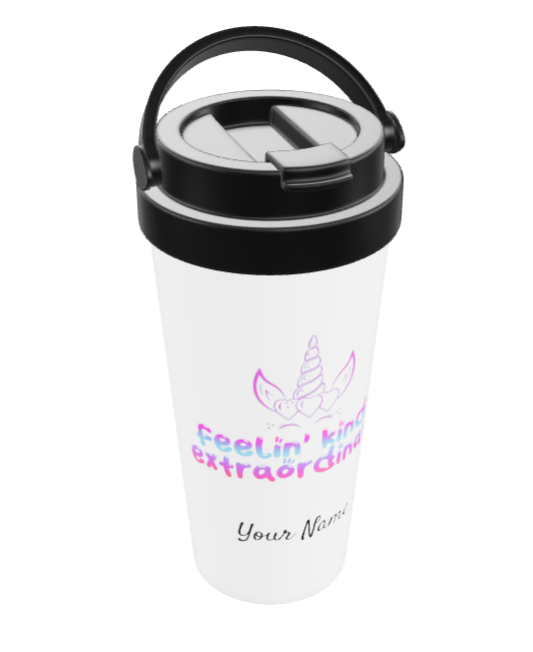 The Customizable 15 oz Travel Mug features a unicorn design with the phrase "Feelin kinda extraordinary" and a black lid, allowing you to add your name for a personalized touch.